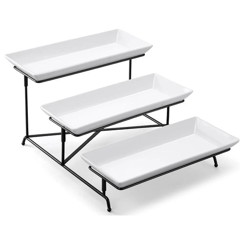 Three Tiers Detachable Fruit Display Shelf Ceramic Serving Platter for Desserts Cakes Candies - Black - 1