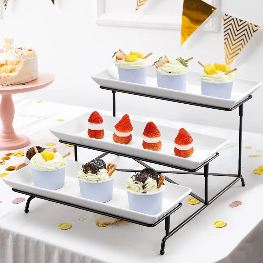 Three Tiers Detachable Fruit Display Shelf Ceramic Serving Platter for Desserts Cakes Candies - Black - 2