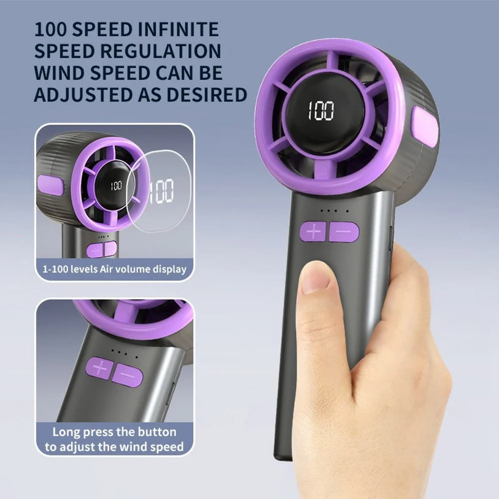 High Speed Handheld Fan USB Digital Display Portable Cooling Fan with Carabiner, CE Certified - Black / Purple - 3
