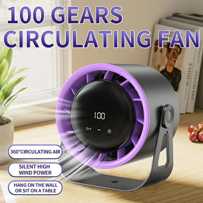 100 Speeds Adjustable Desk Fan Digital Display Wall Mounted Fan with Ambient Light ( CE Certified ) - Black+Purple - 3