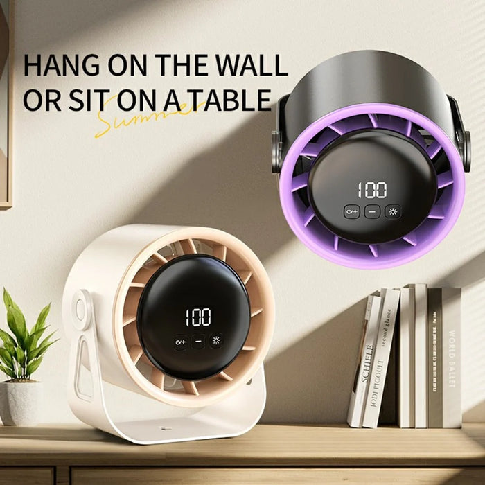 100 Speeds Adjustable Desk Fan Digital Display Wall Mounted Fan with Ambient Light ( CE Certified ) - Black+Purple - 5