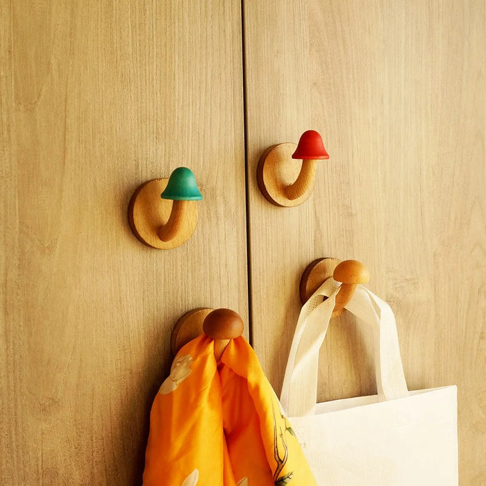 4Pcs Creative Wooden Mushroom Wall Hooks Adhesive Mounting Door Back Storage Hook Coat Hanger - 5