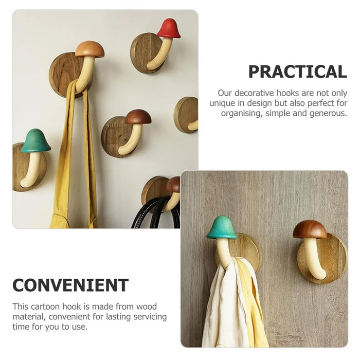 4Pcs Creative Wooden Mushroom Wall Hooks Adhesive Mounting Door Back Storage Hook Coat Hanger - 6
