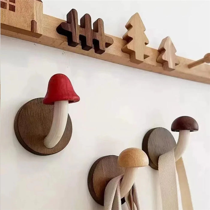 4Pcs Creative Wooden Mushroom Wall Hooks Adhesive Mounting Door Back Storage Hook Coat Hanger - 7