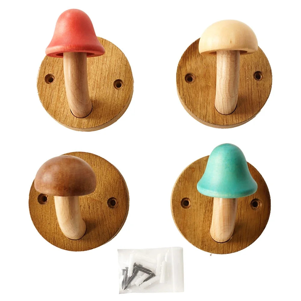 4Pcs Wooden Mushroom Wall Hooks Coat Hangers Door Wall Screw Installation Storage Hooks - 1