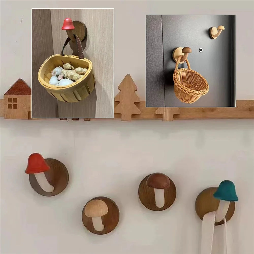 4Pcs Wooden Mushroom Wall Hooks Coat Hangers Door Wall Screw Installation Storage Hooks - 2
