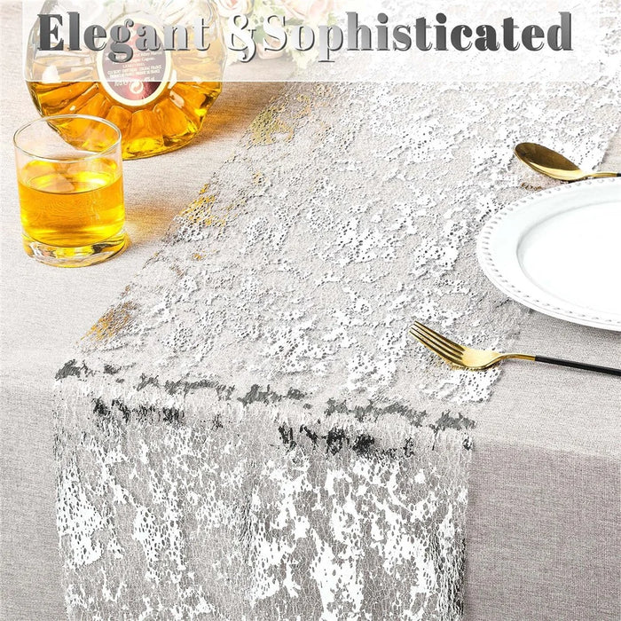 28x900cm Hot Stamping Foil Table Runner Holiday Party Wedding Decor Polyester Mesh Table Flag - Silver - 3