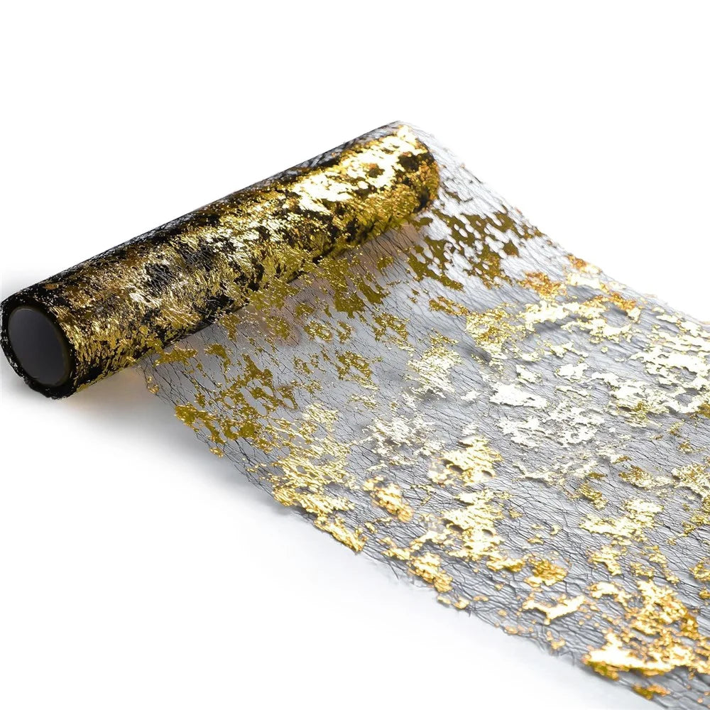 28x900cm Hot Stamping Foil Mesh Table Runner Holiday Party Wedding Decor Polyester Table Flag - Black+Gold - 1