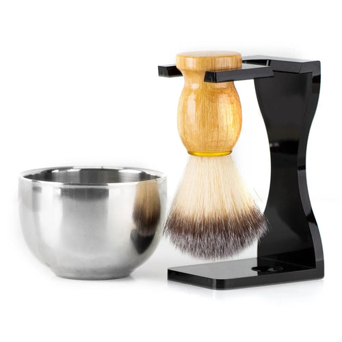 3 In 1 Shaving Brush Set with Acrylic Stand Stainless Steel Bowl Beard Grooming Kit for Men - Black - 1