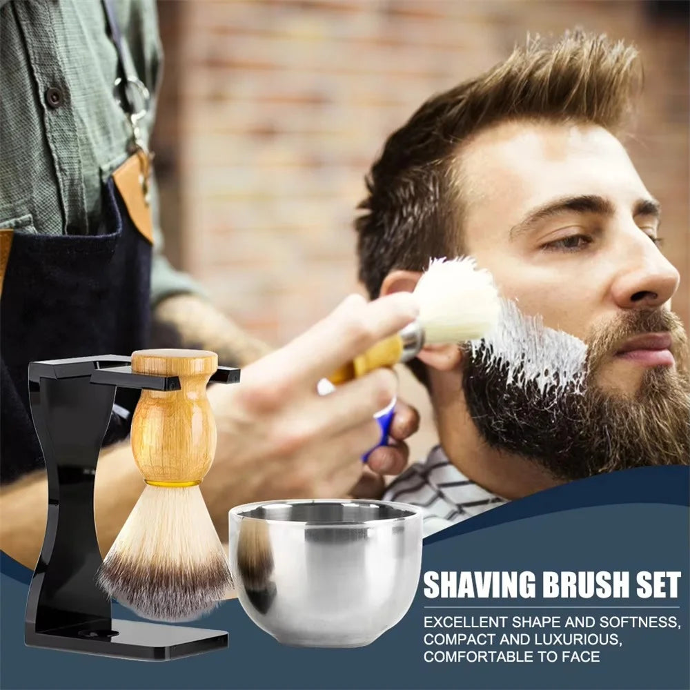 3 In 1 Shaving Brush Set with Acrylic Stand Stainless Steel Bowl Beard Grooming Kit for Men - Black - 2