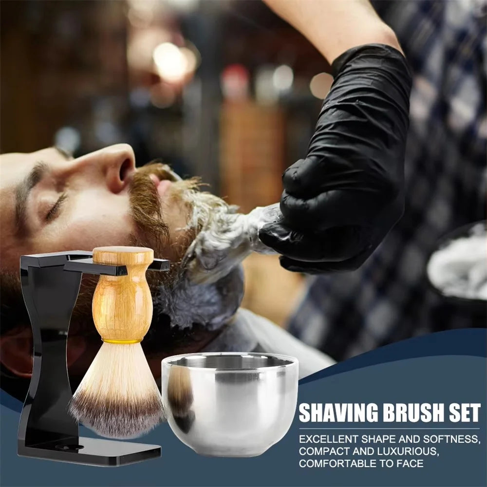 3 In 1 Shaving Brush Set with Acrylic Stand Stainless Steel Bowl Beard Grooming Kit for Men - Black - 3
