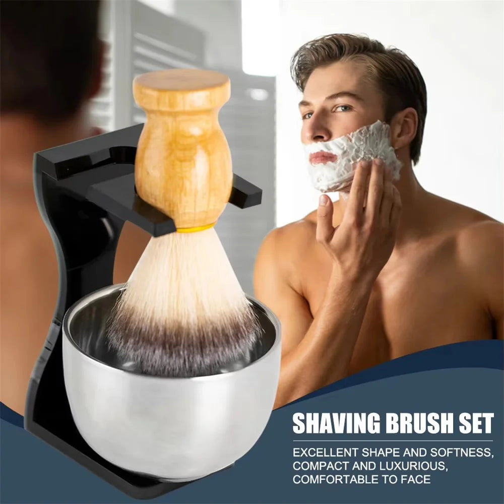 3 In 1 Shaving Brush Set with Acrylic Stand Stainless Steel Bowl Beard Grooming Kit for Men - Black - 4