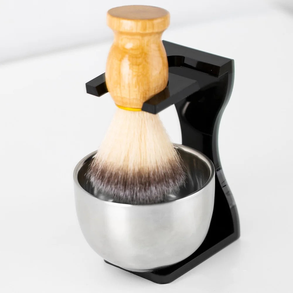 3 In 1 Shaving Brush Set with Acrylic Stand Stainless Steel Bowl Beard Grooming Kit for Men - Black - 5