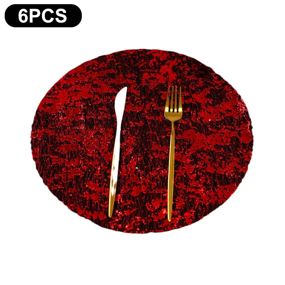 6Pcs Hot Stamping Mesh Placemats Round Table Mats Wedding Holiday Banquet Decoration - Red - 1