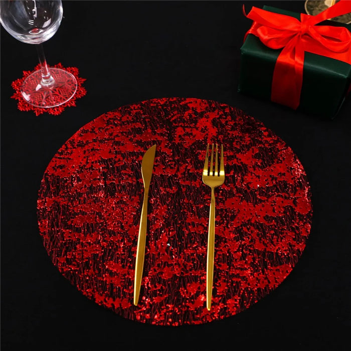 6Pcs Hot Stamping Mesh Placemats Round Table Mats Wedding Holiday Banquet Decoration - Red - 2