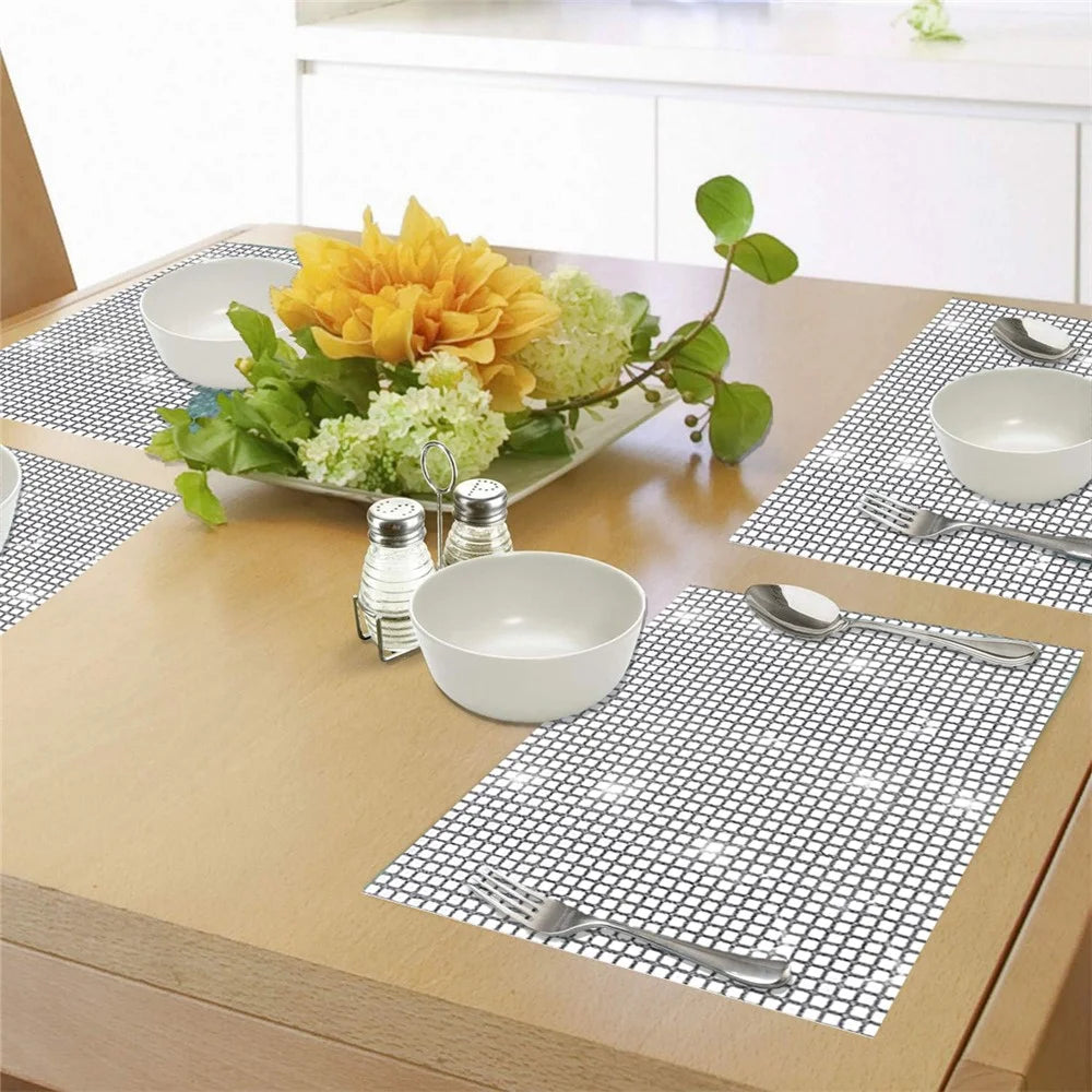 30x45cm Sequin Plaid Placemat Party Home Decor Polyester Table Protection Mat - Silver-White - 4