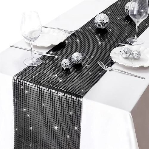 30x275cm Disco Mirror Sequin Plaid Table Runner European Wedding Party New Year Decor Tablet Flag - Black - 1