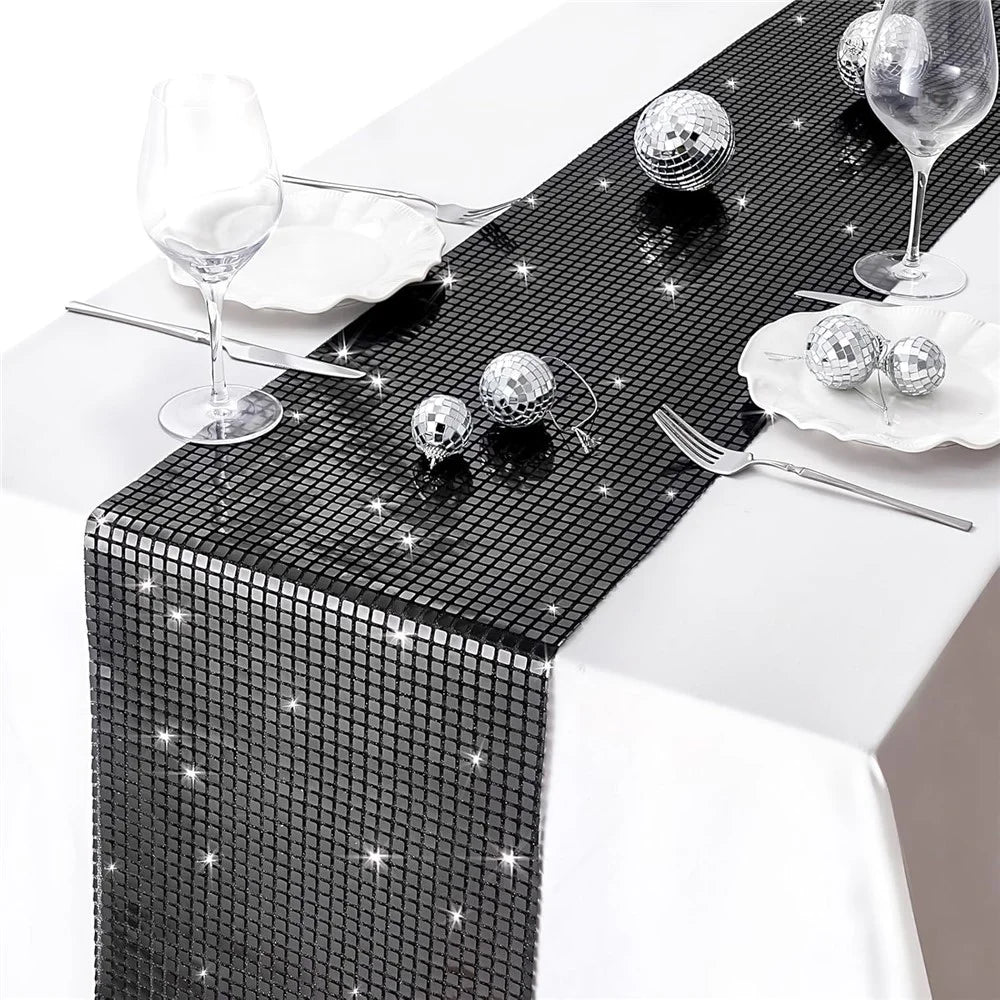30x275cm Disco Mirror Sequin Plaid Table Runner European Wedding Party New Year Decor Tablet Flag - Black - 1