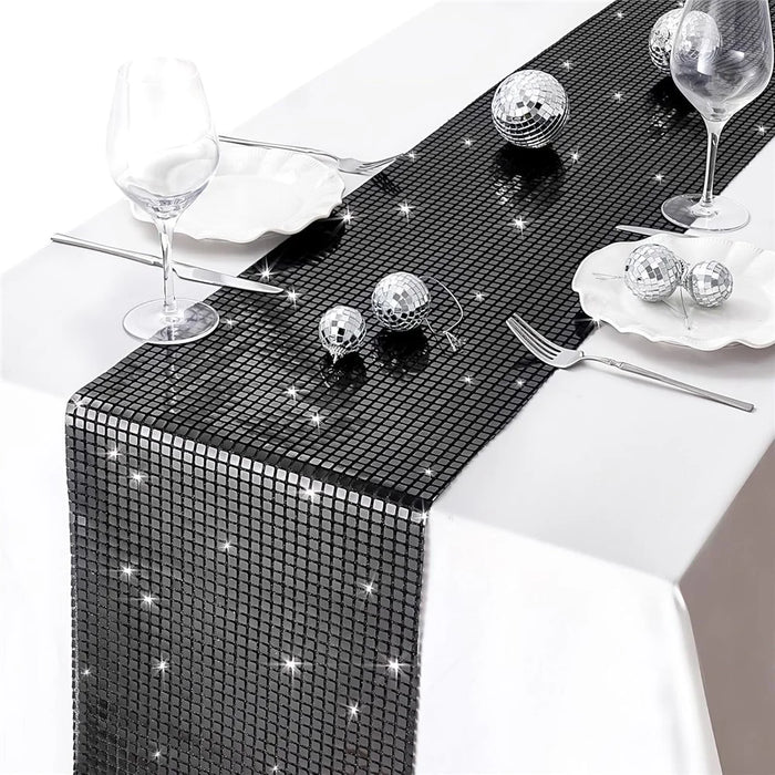 30x275cm Disco Mirror Sequin Plaid Table Runner European Wedding Party New Year Decor Tablet Flag - Black - 1