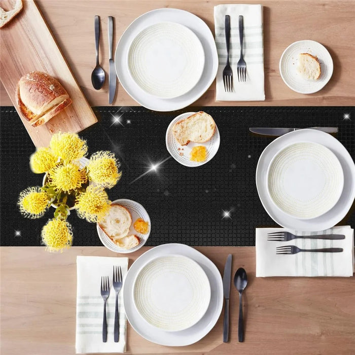 30x275cm Disco Mirror Sequin Plaid Table Runner European Wedding Party New Year Decor Tablet Flag - Black - 3