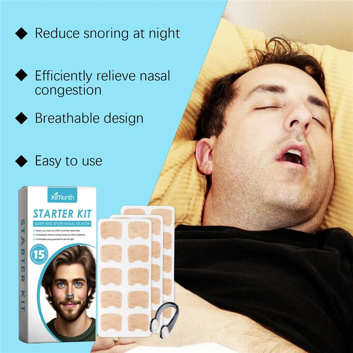XIMONTH XI-B03-0082-01 Snoring Relief Kit Nose Patch with Nose Clip for Gentle Breathing Sleep Aid - 3