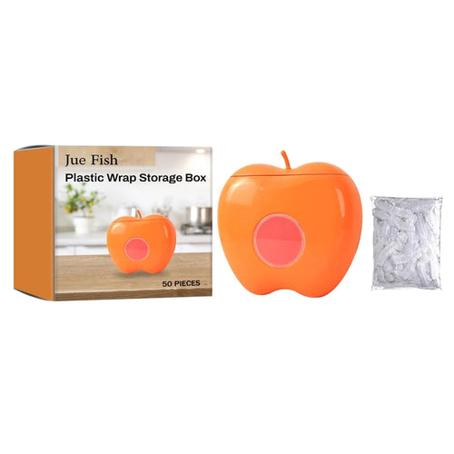 JUE-FISH JUC09-A007-5-OG1 50Pcs Kitchen Plastic Wrap Food Cover Cling Film with Apple Shape Dispenser Box - 1