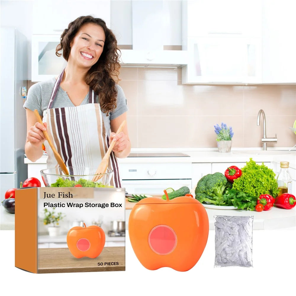 JUE-FISH JUC09-A007-5-OG1 50Pcs Kitchen Plastic Wrap Food Cover Cling Film with Apple Shape Dispenser Box - 2