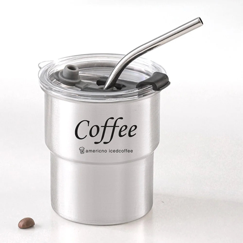 Single Layer 304 Stainless Steel Coffee Mug Portable Outdoor Camping Beer Cup with Lid and Straw (BPA Free, No FDA) - Stainless Steel Color - 1
