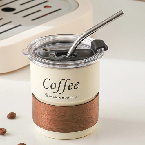 Single Layer 304 Stainless Steel Coffee Mug Outdoor Camping Beer Cup with Cup Sleeve + Lid + Straw (BPA Free, No FDA) - Beige - 1