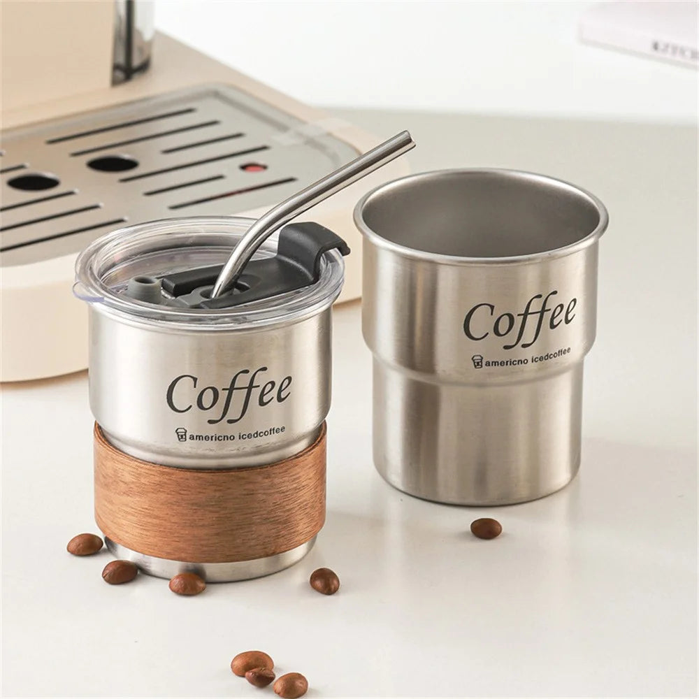 Single Layer 304 Stainless Steel Coffee Mug Outdoor Camping Beer Cup with Cup Sleeve + Lid + Straw (BPA Free, No FDA) - Beige - 3