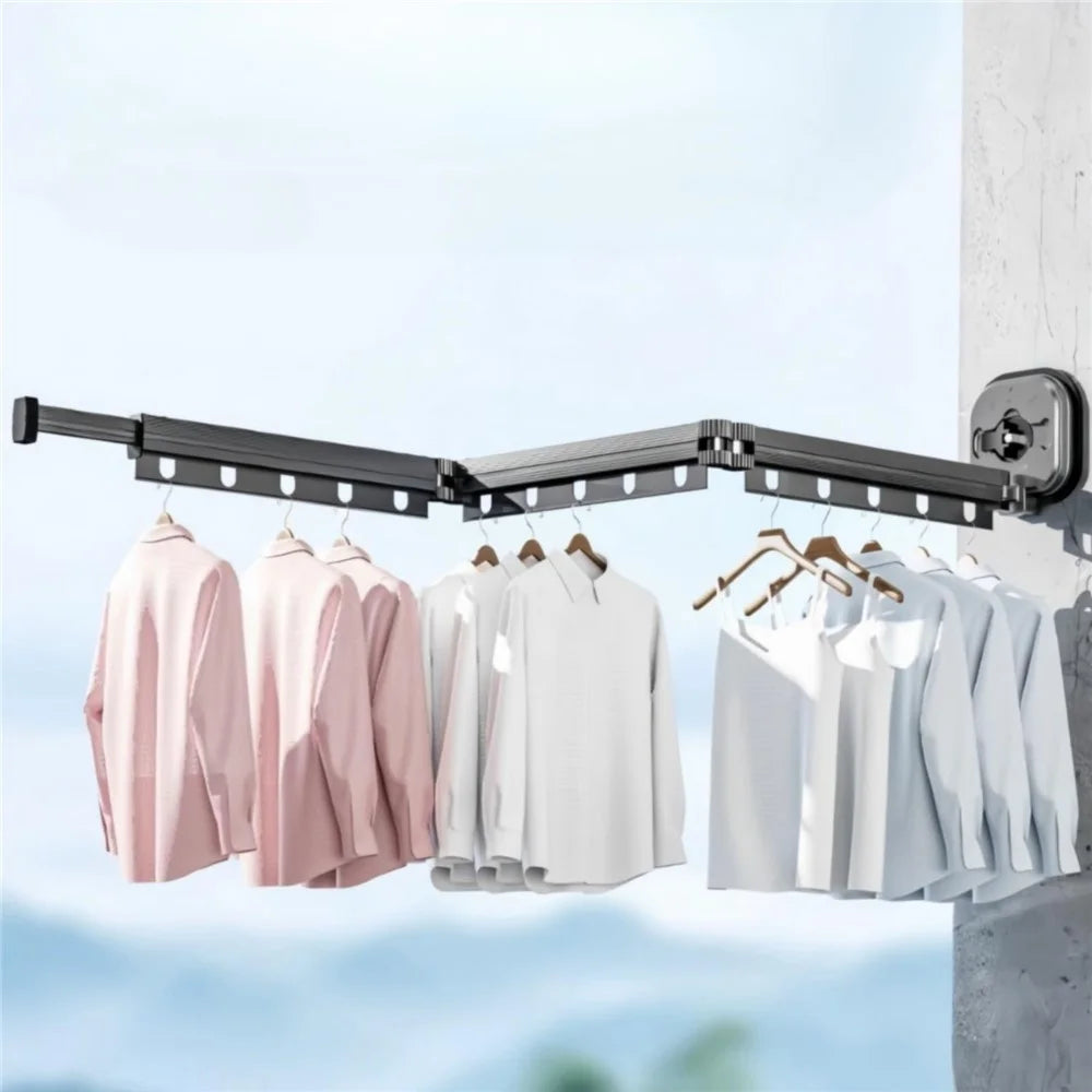 3 Section Retractable Folding Clothes Drying Rack Aluminum Alloy Balcony Window Space Saving Suction Cup Hanging Rack - Grey - 4