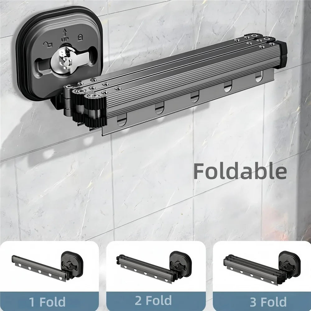 3 Section Retractable Folding Clothes Drying Rack Aluminum Alloy Balcony Window Space Saving Suction Cup Hanging Rack - Grey - 5