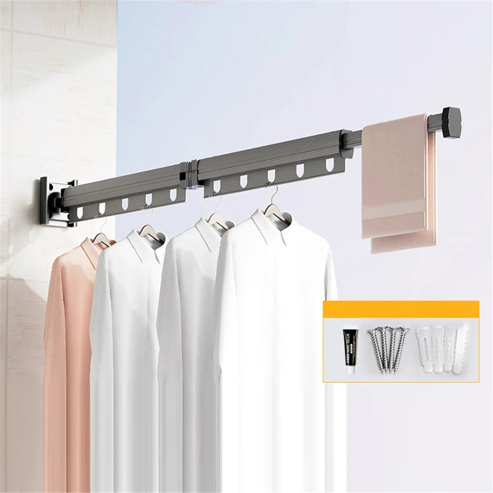2 Sections Folding Balcony Clothes Drying Rack Wall Mounted Retractable Clothing Pole - Tarnish - 1