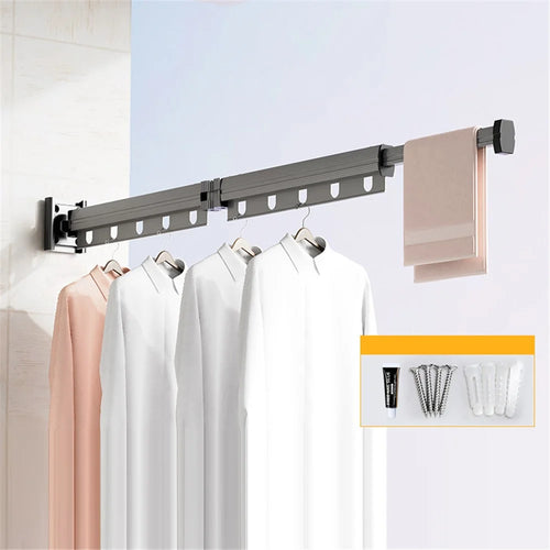 2 Sections Folding Balcony Clothes Drying Rack Wall Mounted Retractable Clothing Pole - Tarnish - 1