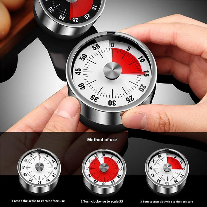 Stainless Steel Kitchen Timer Mechanical Countdown Clock for Baking / Student Time Management / Reminder - Red - 6