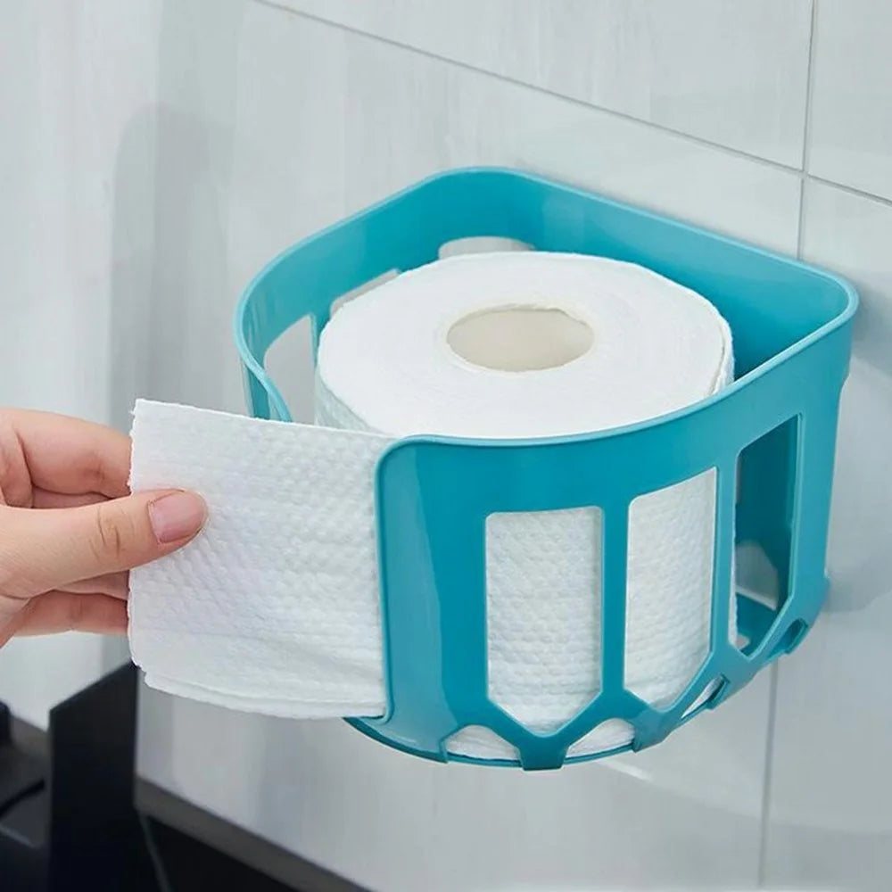 No Drill Wall Mounted Plastic Toilet Paper Holder Space Saving Bathroom Tissue Storage Rack - Sky Blue - 4