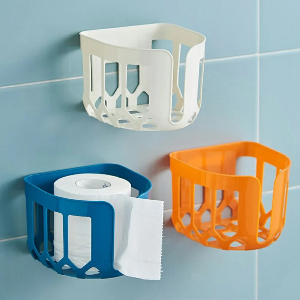 No Drill Wall Mounted Plastic Toilet Paper Holder Space Saving Bathroom Tissue Storage Rack - Sky Blue - 5
