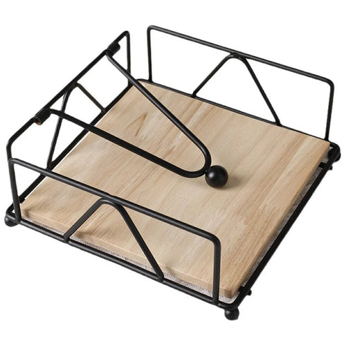 Square Metal Napkin Holder Stand for Restaurant Cafe Hotel Iron Tissue Dispenser with Wooden Base - 1
