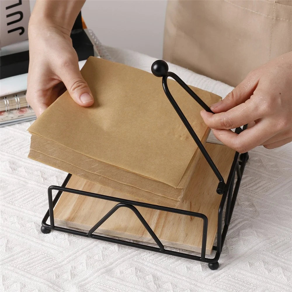 Square Metal Napkin Holder Stand for Restaurant Cafe Hotel Iron Tissue Dispenser with Wooden Base - 2