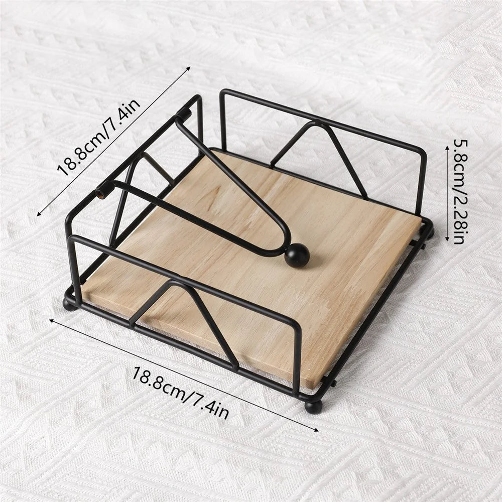 Square Metal Napkin Holder Stand for Restaurant Cafe Hotel Iron Tissue Dispenser with Wooden Base - 4