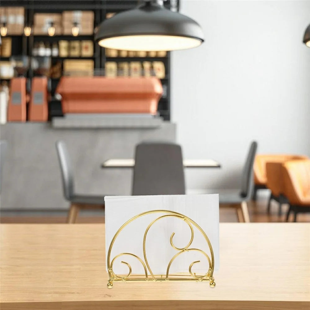 Iron Napkin Holder Half Round Metal Tissue Dispenser Table Organizer Decorative Paper Towel Stand - Gold - 2