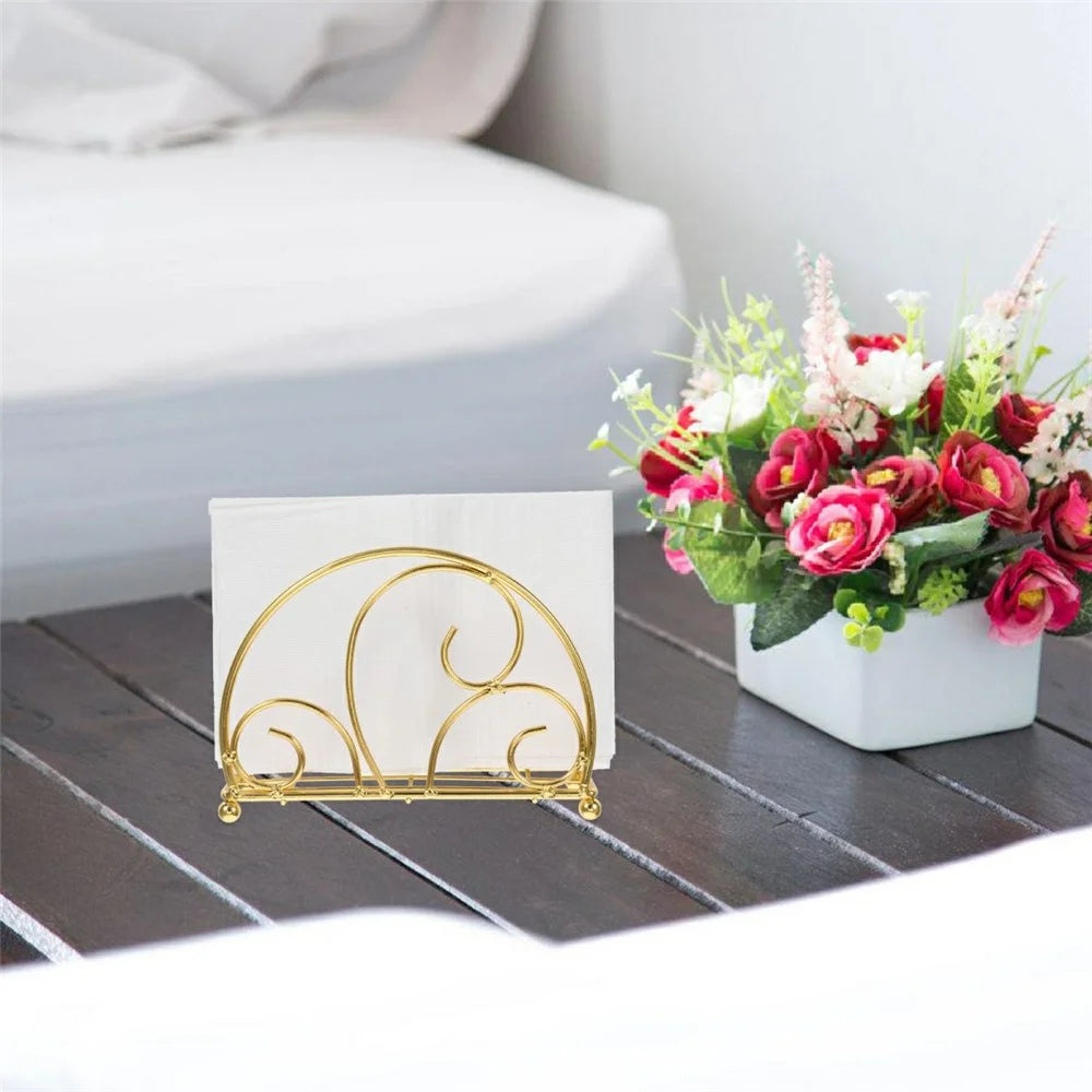 Iron Napkin Holder Half Round Metal Tissue Dispenser Table Organizer Decorative Paper Towel Stand - Gold - 4