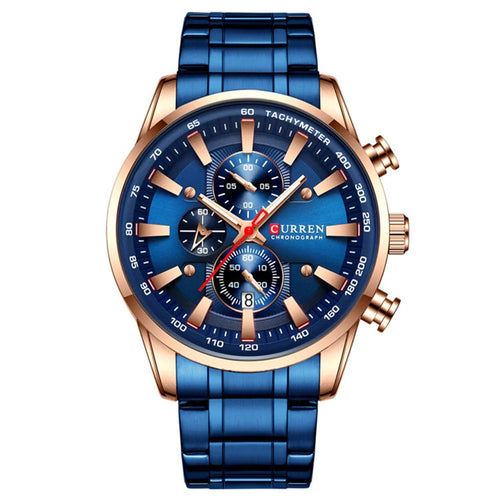 CURREN 8351 Stainless Steel Band Men Watch Waterproof Calendar Business Quartz Wristwatch - Blue Strap / Rose Gold Case / Blue Dial - 1
