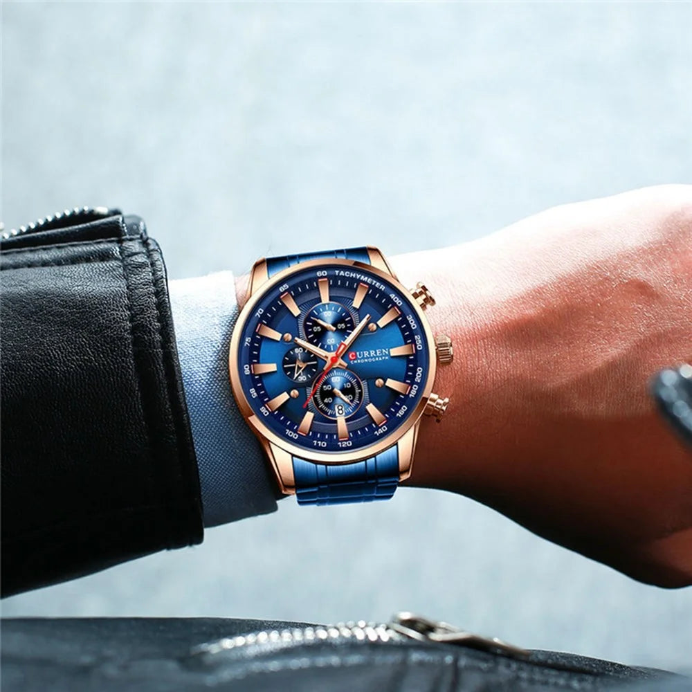 CURREN 8351 Stainless Steel Band Men Watch Waterproof Calendar Business Quartz Wristwatch - Blue Strap / Rose Gold Case / Blue Dial - 2