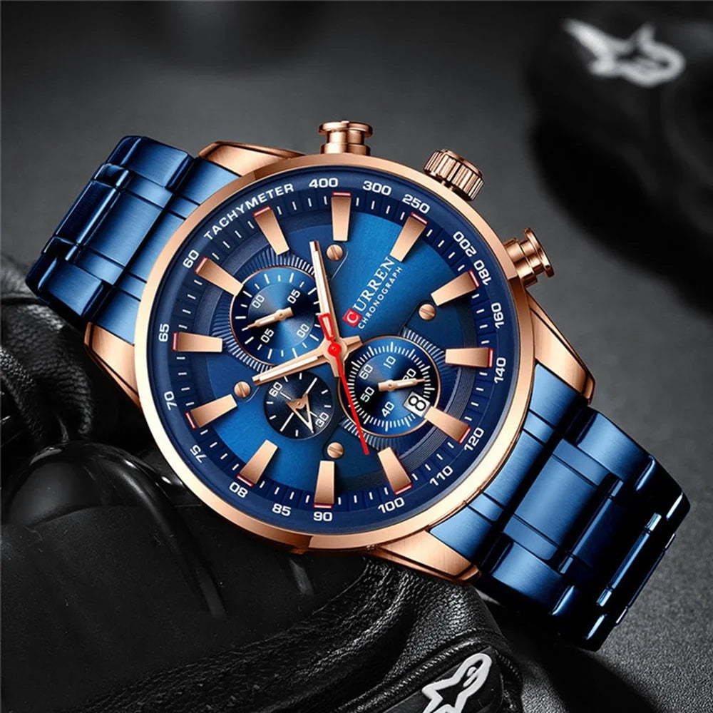 CURREN 8351 Stainless Steel Band Men Watch Waterproof Calendar Business Quartz Wristwatch - Blue Strap / Rose Gold Case / Blue Dial - 3