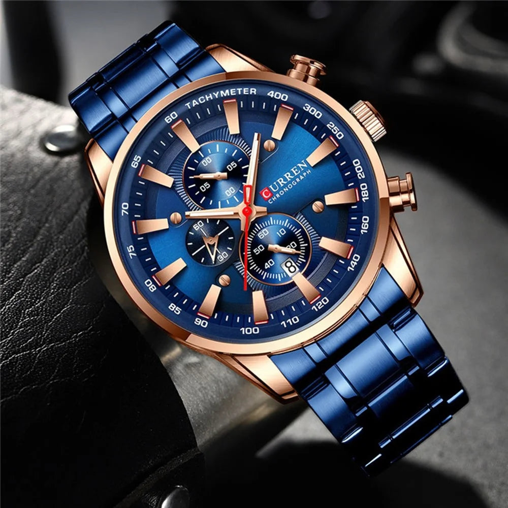 CURREN 8351 Stainless Steel Band Men Watch Waterproof Calendar Business Quartz Wristwatch - Blue Strap / Rose Gold Case / Blue Dial - 4