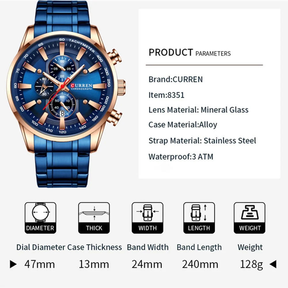 CURREN 8351 Stainless Steel Band Men Watch Waterproof Calendar Business Quartz Wristwatch - Blue Strap / Rose Gold Case / Blue Dial - 5
