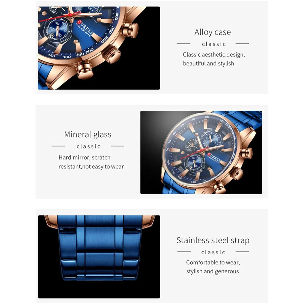 CURREN 8351 Stainless Steel Band Men Watch Waterproof Calendar Business Quartz Wristwatch - Blue Strap / Rose Gold Case / Blue Dial - 6