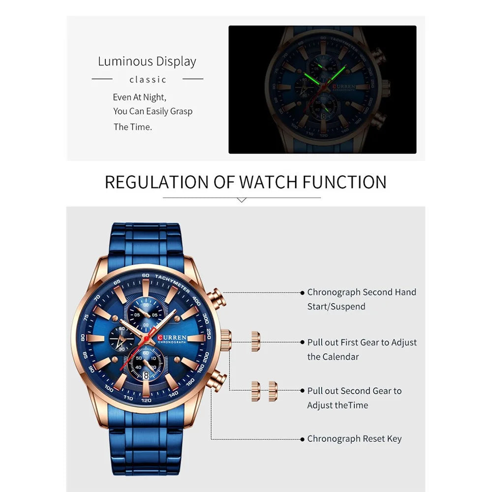 CURREN 8351 Stainless Steel Band Men Watch Waterproof Calendar Business Quartz Wristwatch - Blue Strap / Rose Gold Case / Blue Dial - 7