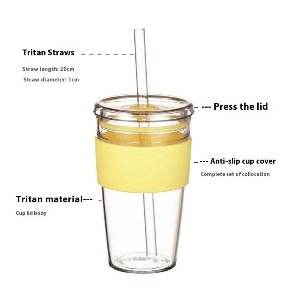 450ml Tritan Straw Cup Water Bottle Coffee Mug with Sleeve Portable Drinkware for Home  /  Office (No FDA, BPA-Free) - Fluorescent Green - 2